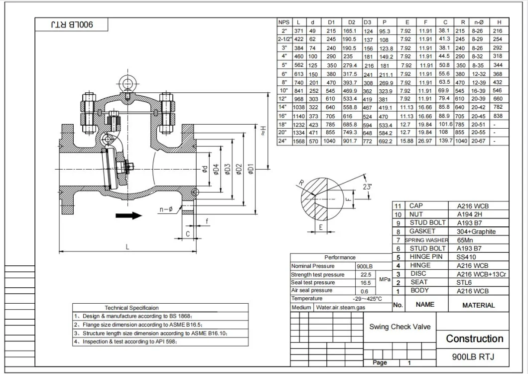 API6d Cast Steel Rtj Flanged Pressure Seal Swing Check Valve